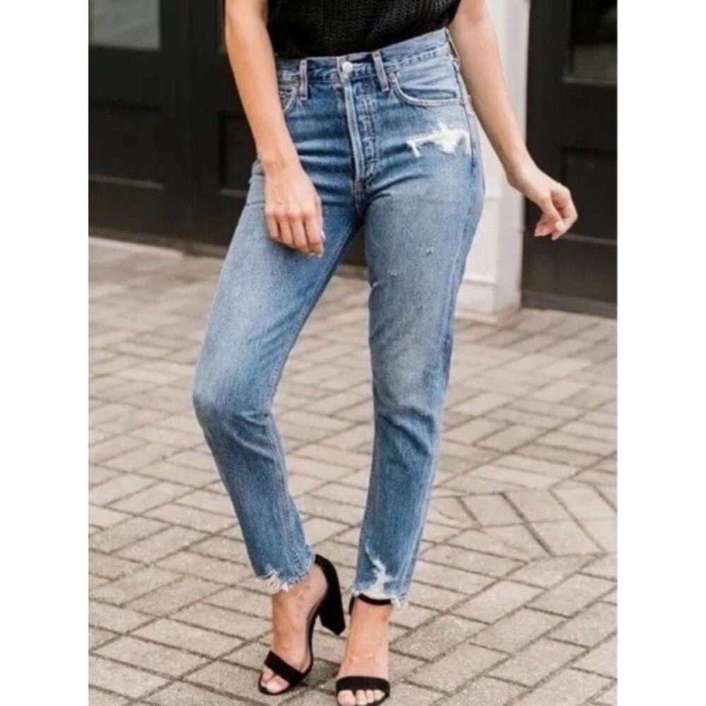AGOLDE Jamie High Rise Classic Jeans in Grade Distressed Medium Wash Size 24